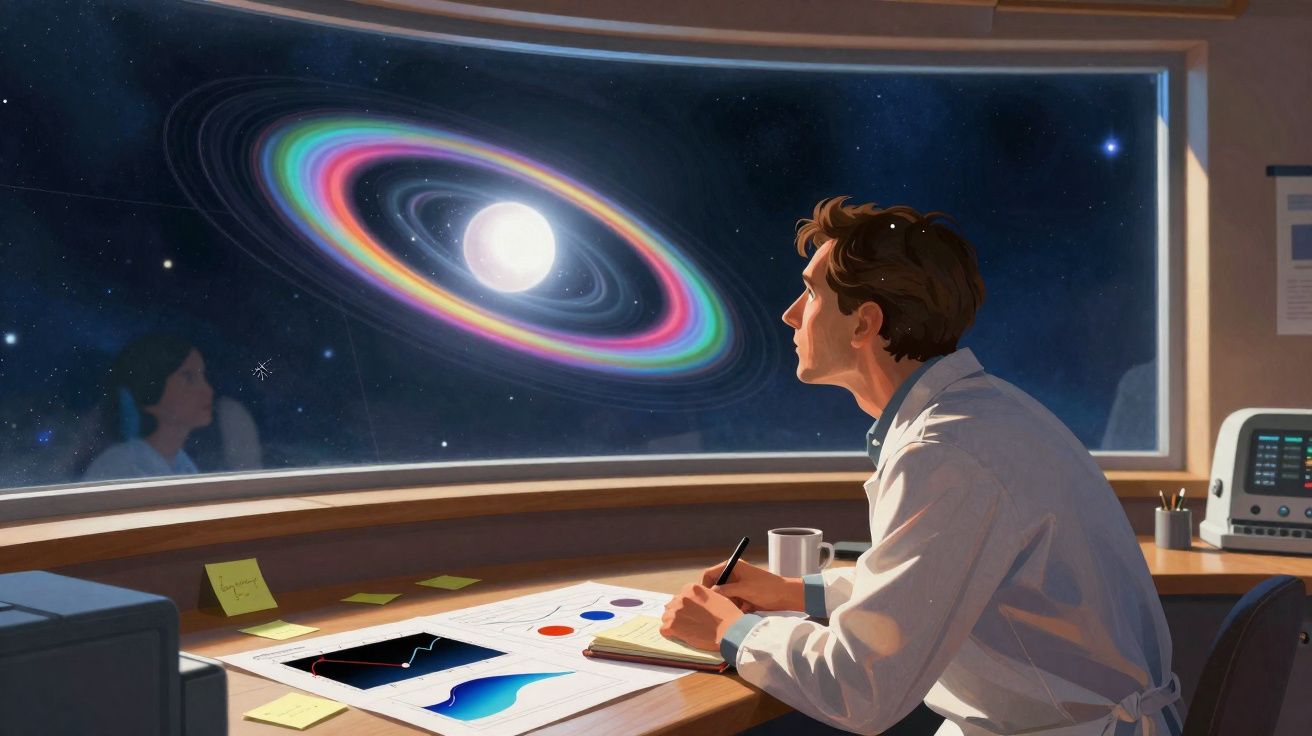 Homem observando planeta colorido com anéis do espaço sideral pela janela de um escritório.