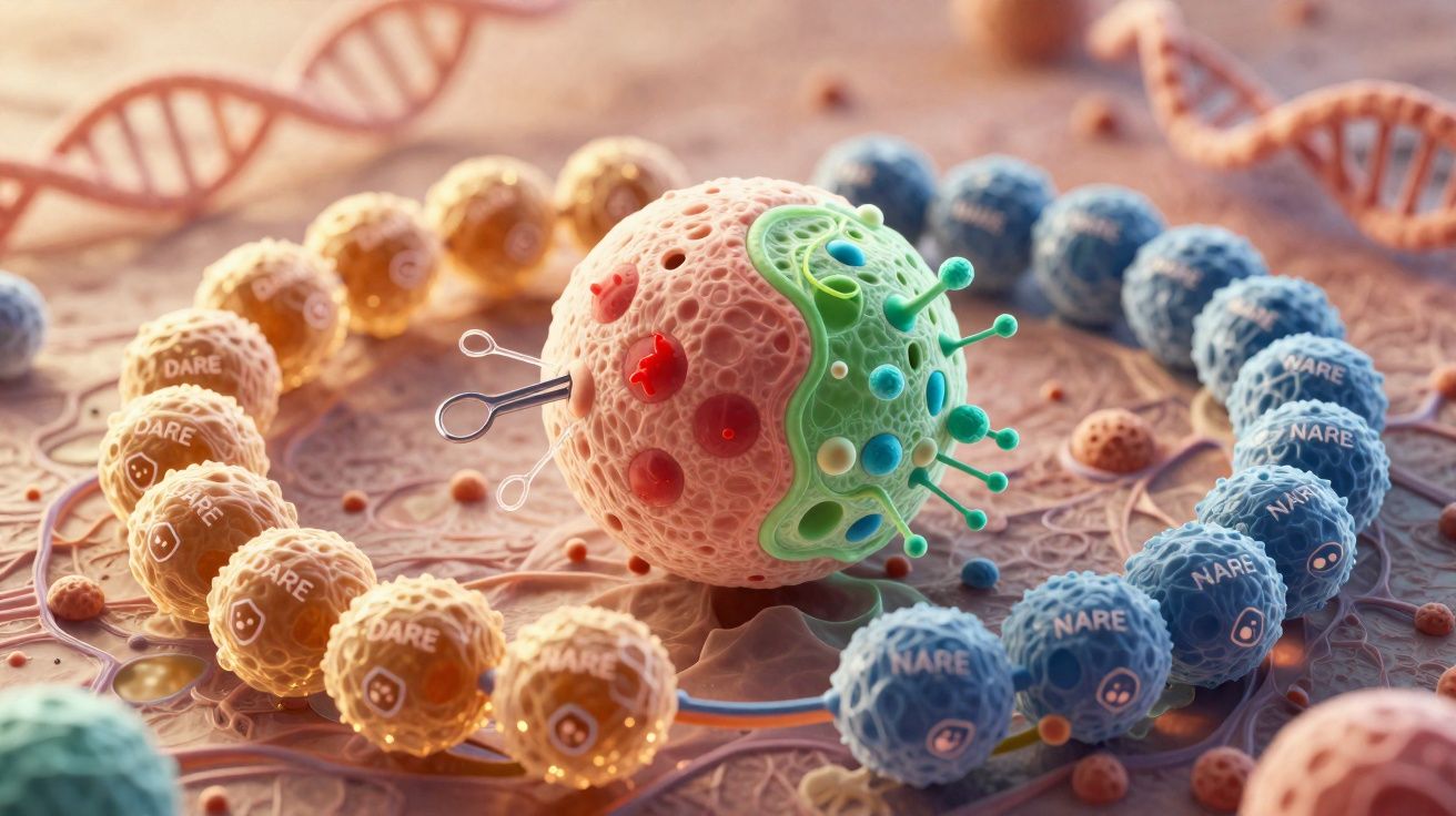 Ilustração de células e cadeia de DNA em ambiente microscópico com cores laranja e azul, foco em célula bipartida.