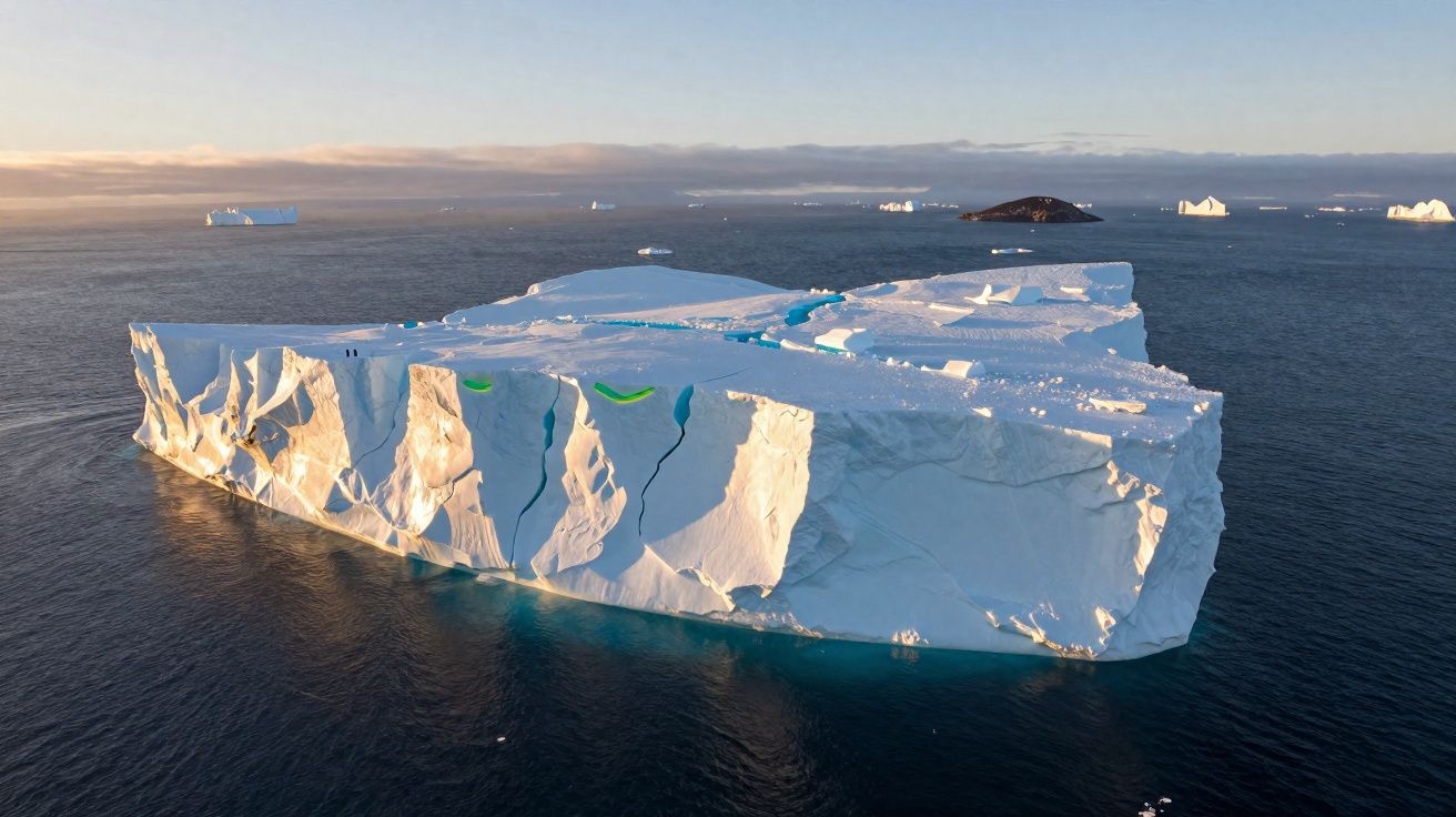 Iceberg gigantesco flutuando no oceano durante o pôr do sol, com outros icebergs ao fundo.