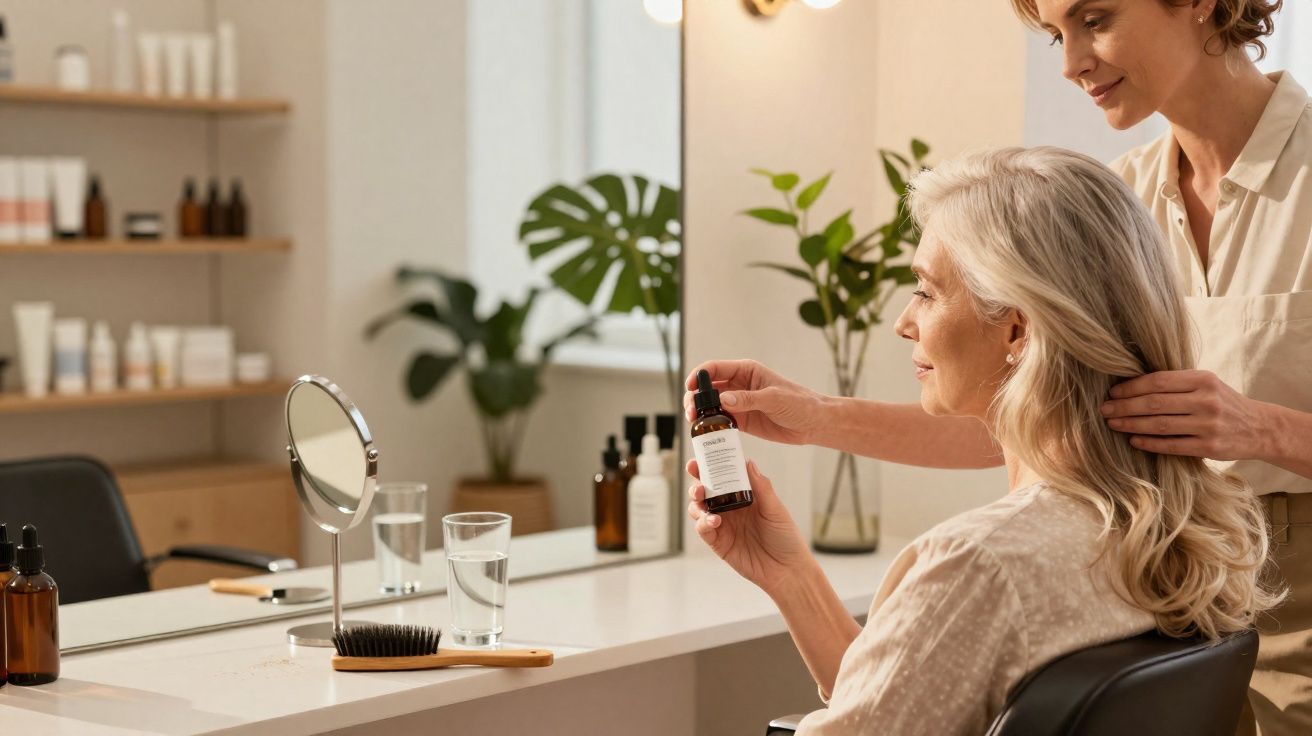 Mulher madura segurando frasco de produto capilar com cabeleireira ao lado em salão iluminado.