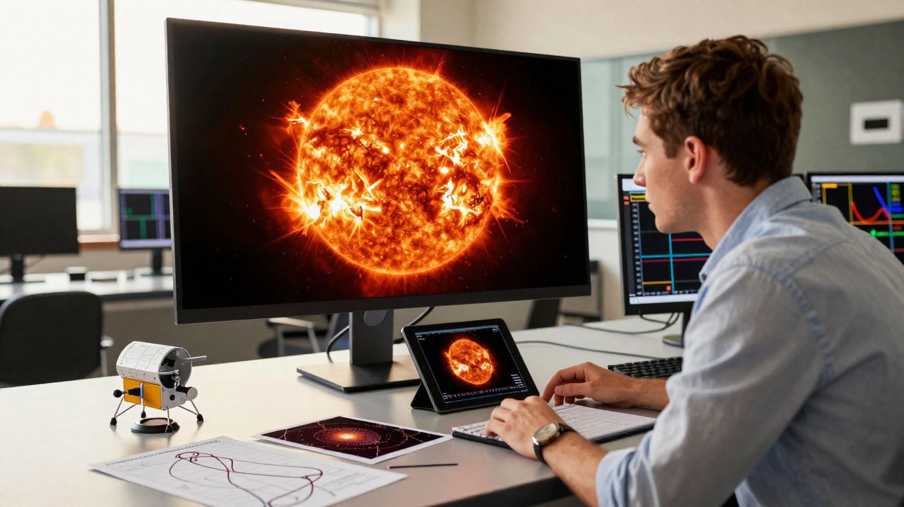 Homem analisando imagens do sol em computadores e tablet em ambiente de escritório moderno.