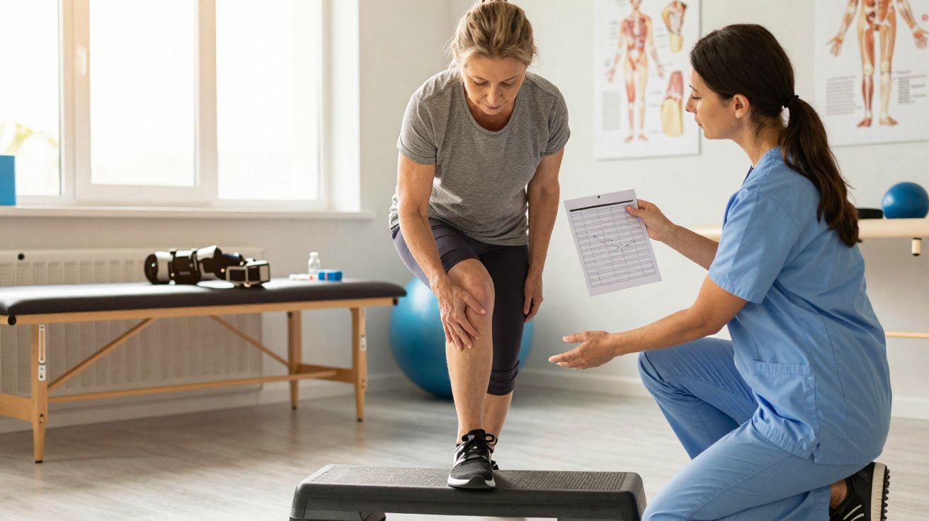 Mulher idosa faz exercício com ajuda de fisioterapeuta em clínica de reabilitação.