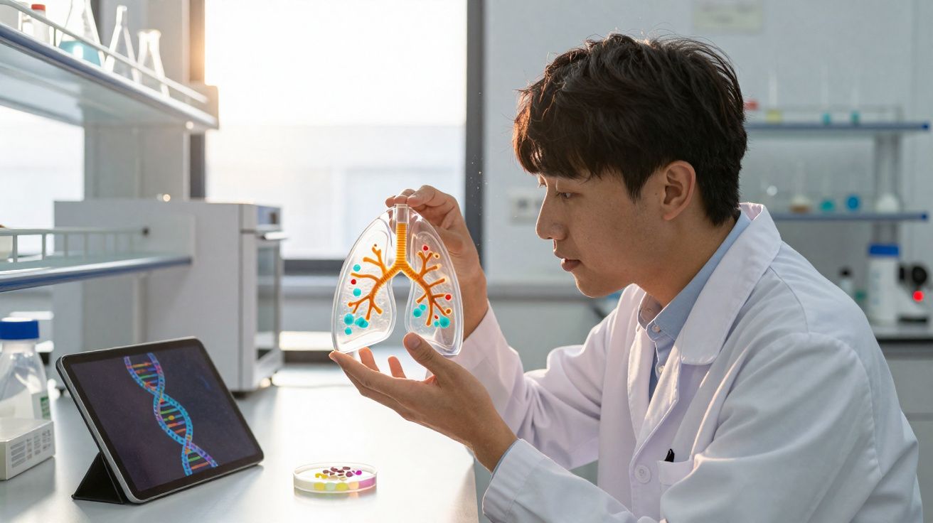 Cientista em laboratório segurando modelo transparente de pulmão com elementos coloridos, ao lado de tablet com DNA.