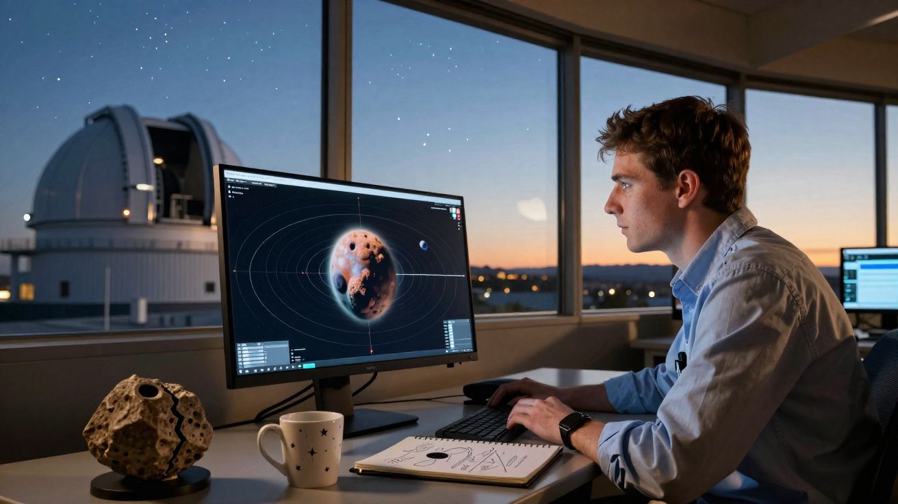 Homem observa simulação de planeta em computador dentro de laboratório com telescópio ao fundo.