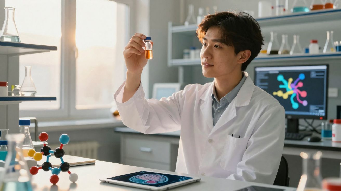 Cientista observa amostra líquida em laboratório moderno com equipamentos científicos ao redor.