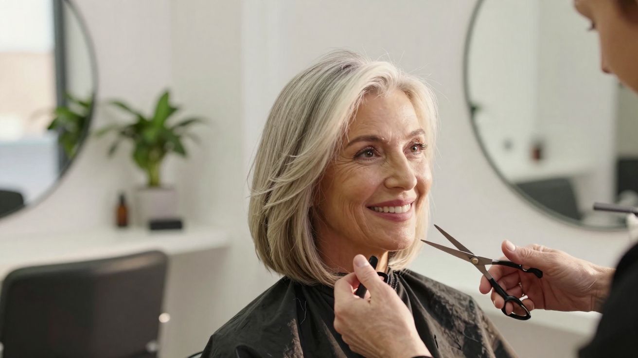 Mulher sorridente com cabelo grisalho recebendo corte de cabelo em salão de beleza.