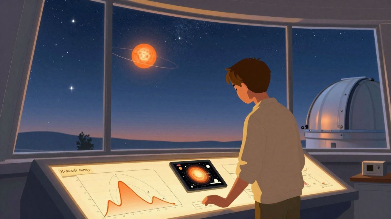 Jovem observa dados astronômicos e um planeta laranja com anéis em um observatório durante a noite.