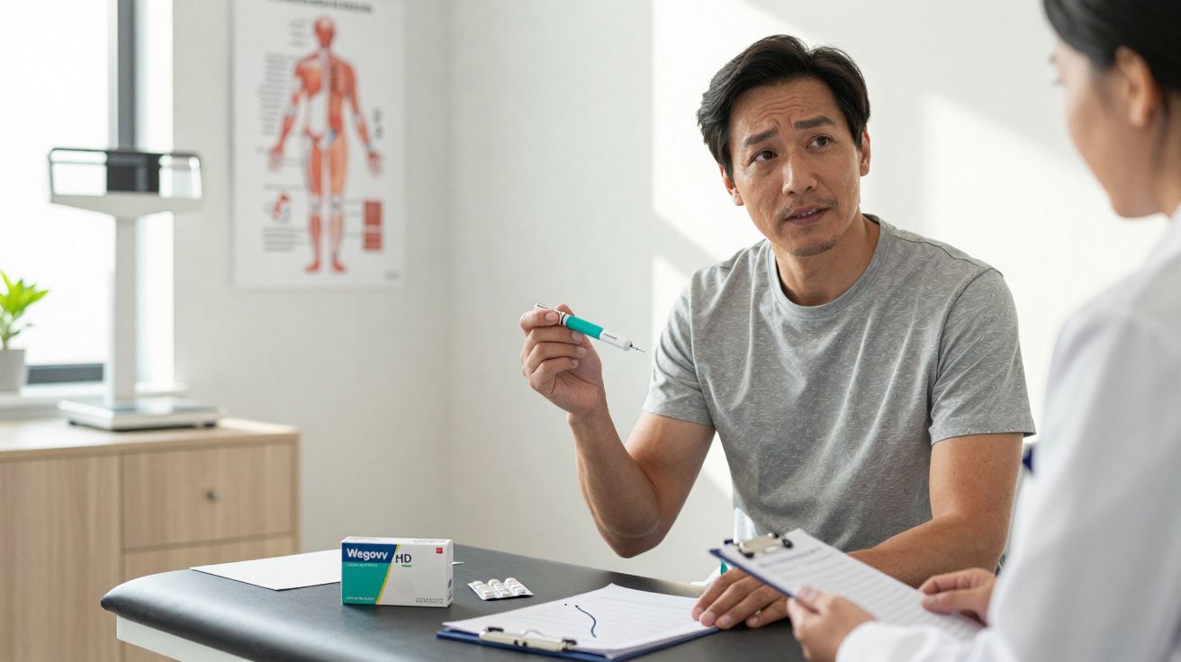 Paciente conversa com médica segurando seringa em consultório com material médico sobre a mesa.