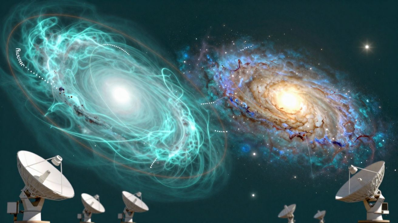 Antenas parabólicas apontadas para duas galáxias espirais coloridas no espaço sideral.
