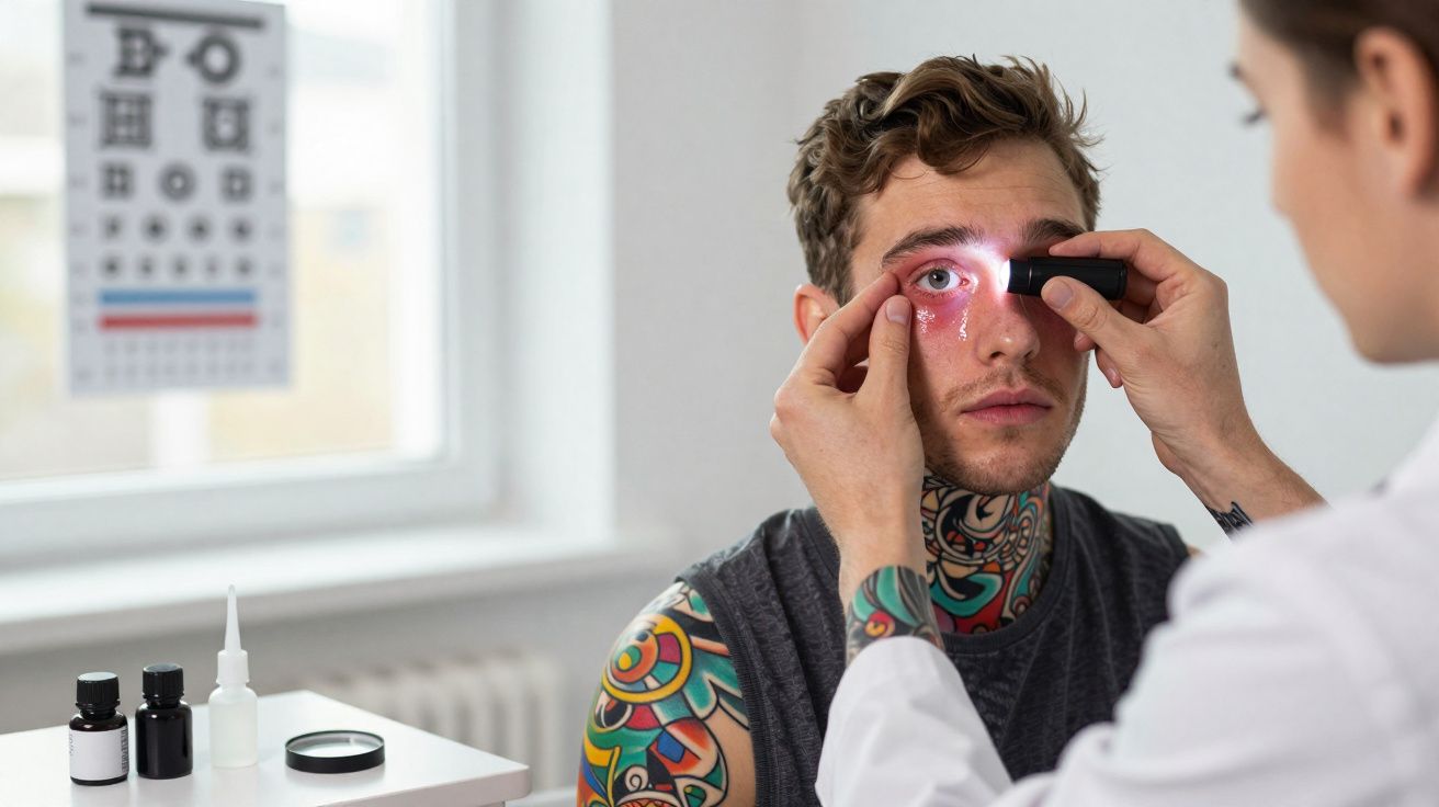 Médico examinando olho de paciente com lâmpada de fenda em consulta oftalmológica.