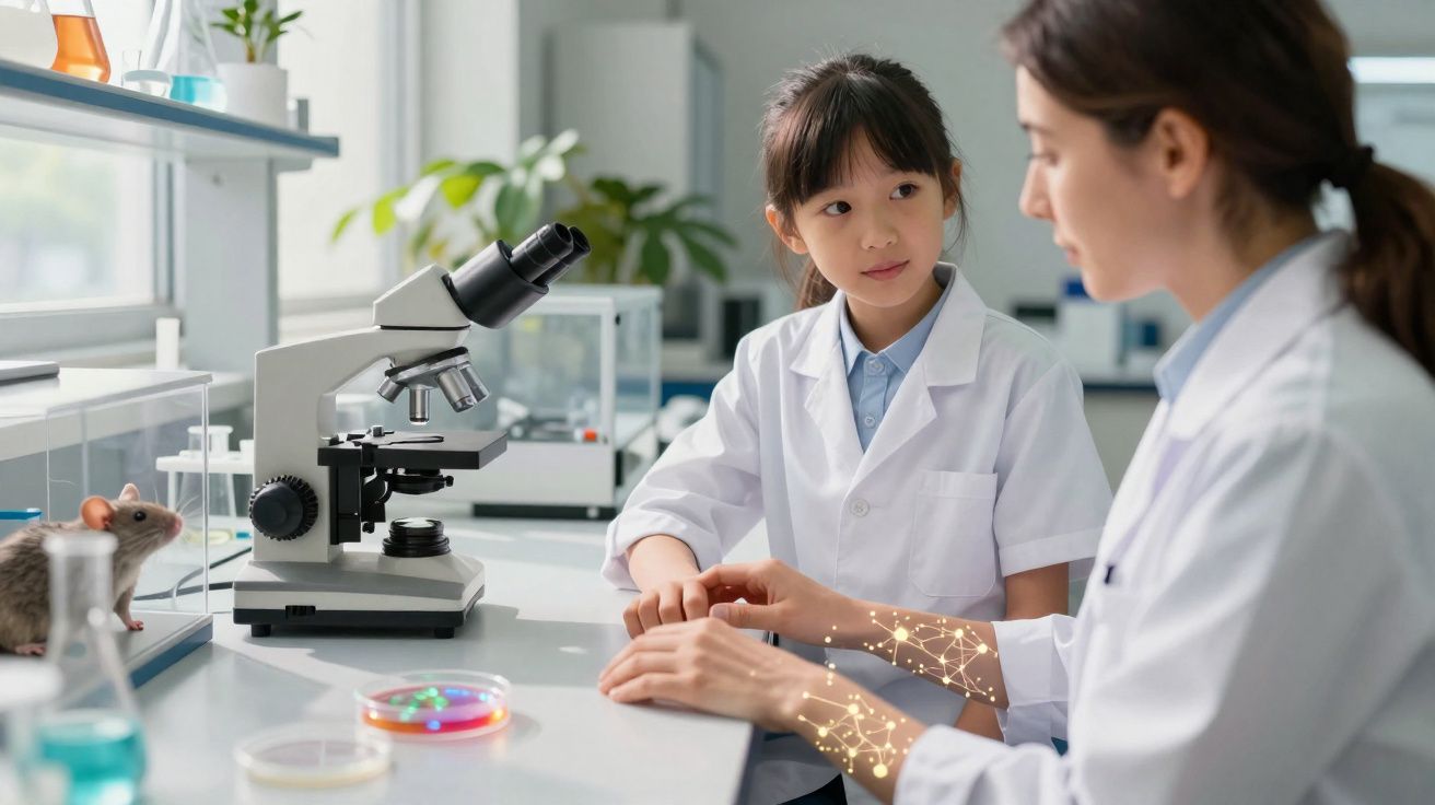 Duas cientistas em laboratório com jalecos brancos ao lado de microscópio e rato em aquário.
