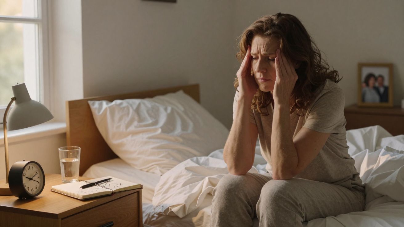 Mulher sentada na cama com expressão de dor, segurando a cabeça com as mãos, ao lado de criado-mudo.