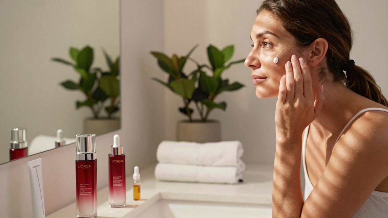 Mulher aplicando creme facial em frente ao espelho com produtos de cuidado da pele sobre a pia.