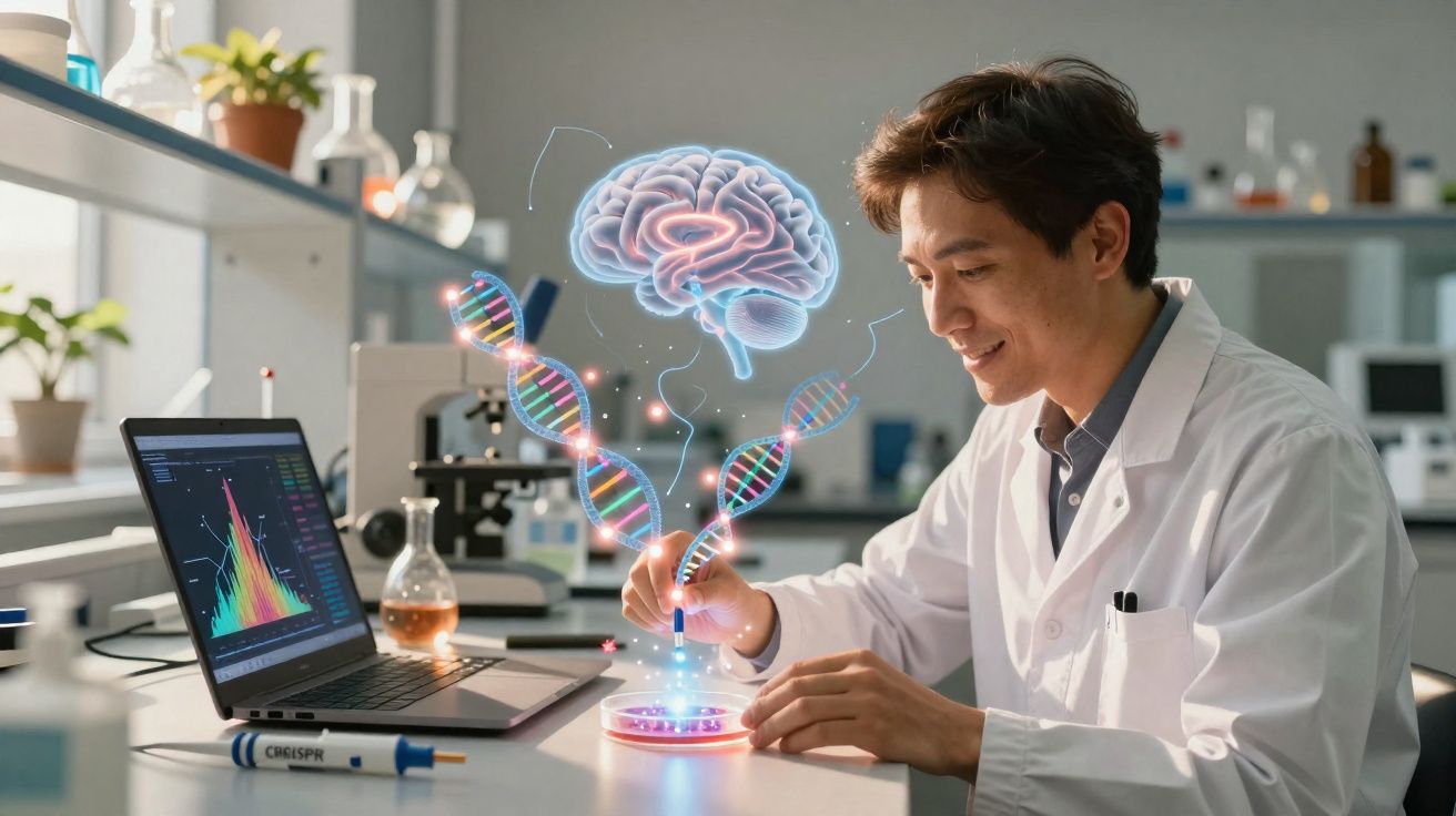 Cientista em laboratório analisando holograma de DNA e cérebro com laptop e equipamentos científicos.