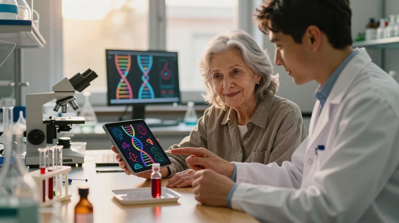 Cientista mostrando pesquisa genética em tablet para idosa em laboratório com microscópio e equipamentos.