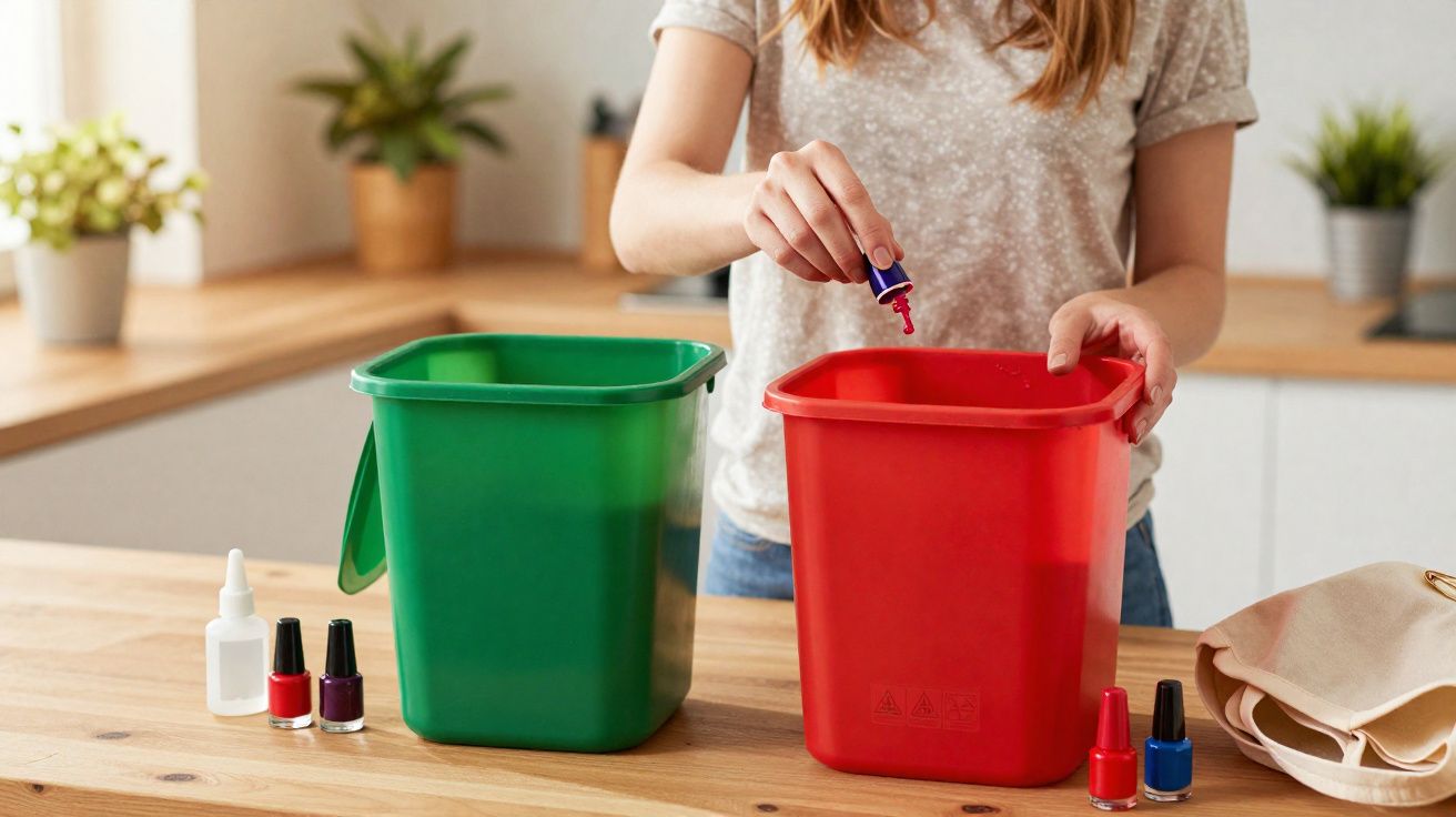 Pessoa despejando tinta vermelha em recipiente vermelho ao lado de recipiente verde sobre bancada de madeira.
