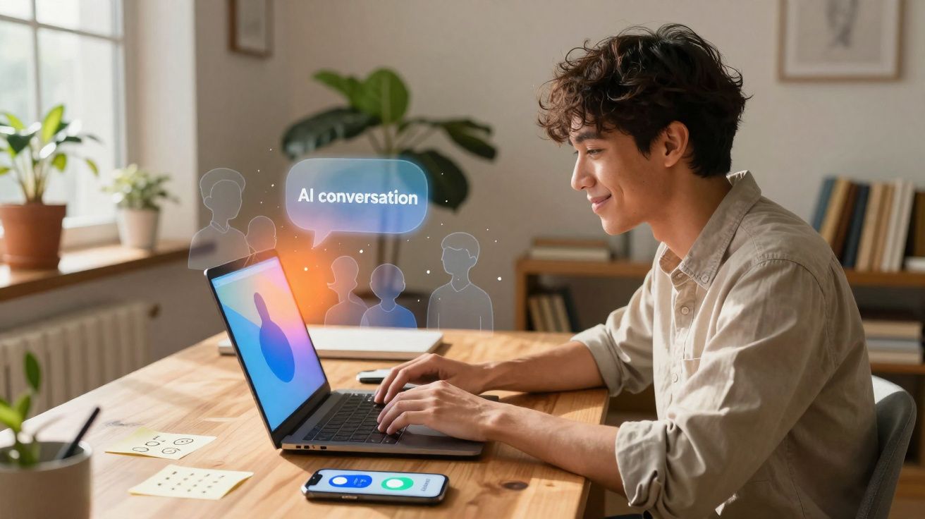 Jovem sentado à mesa usando laptop, com ícone flutuante de conversa de IA na tela.