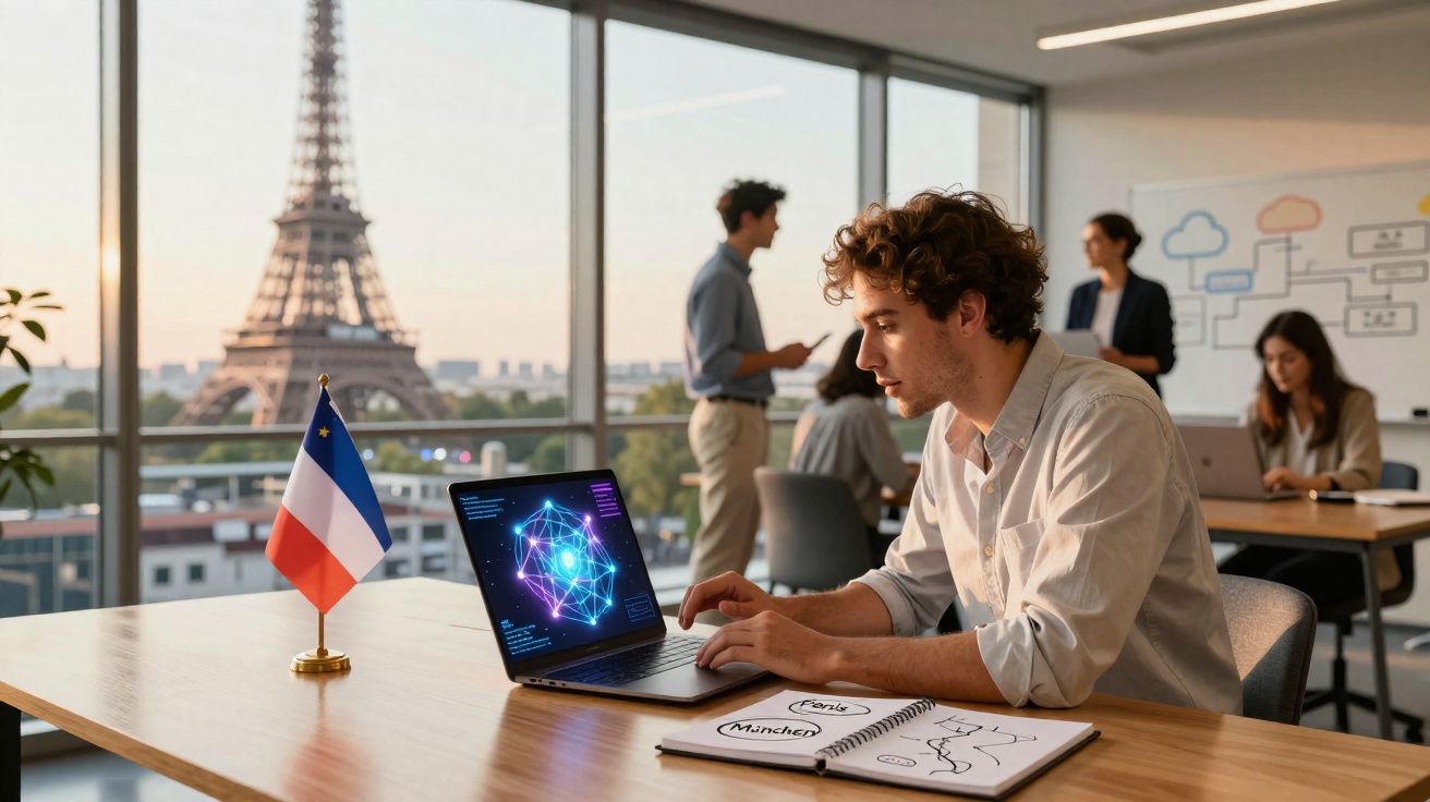 Jovem trabalhando em laptop com gráficos digitais, com Torre Eiffel ao fundo em escritório moderno.