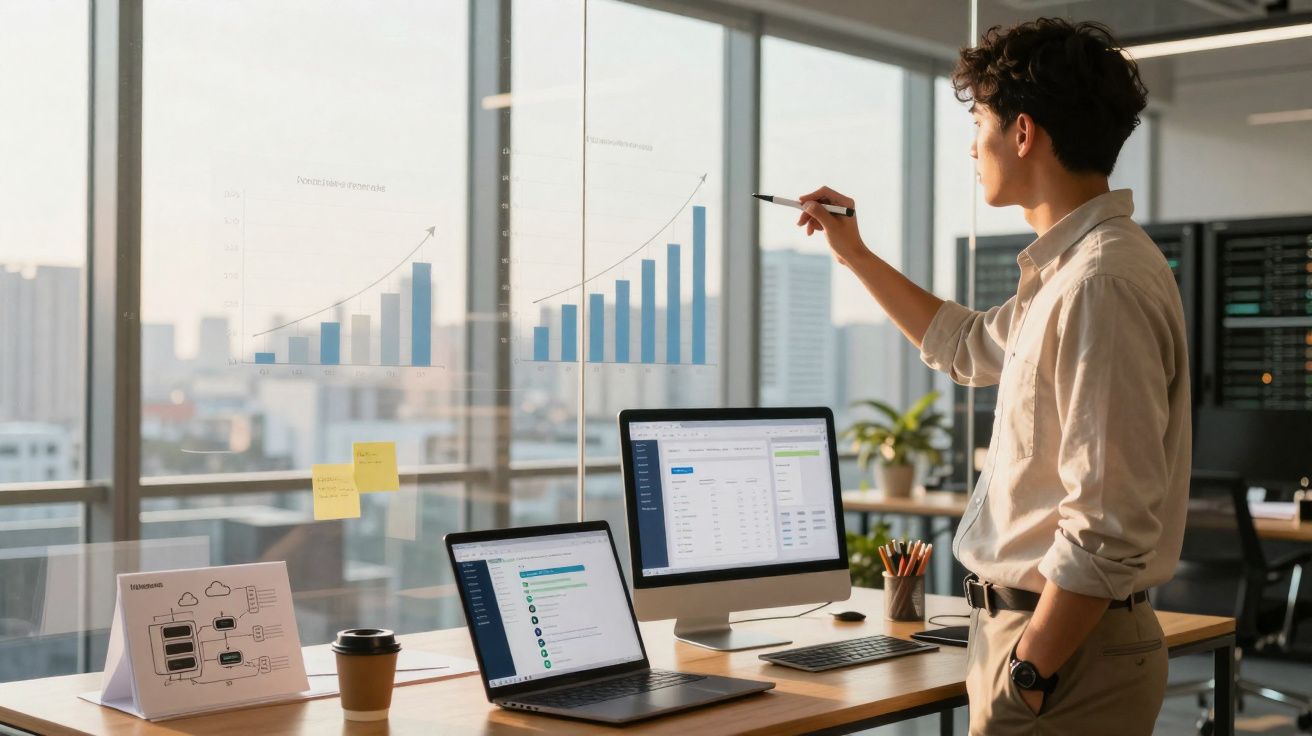 Homem analisando gráficos de crescimento em janela de escritório moderno com computador e laptop na mesa.