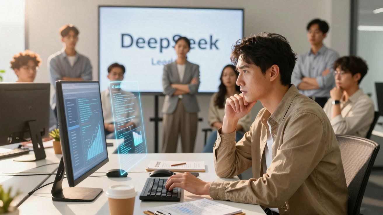 Jovem analisando dados em computador com equipe observando em reunião de escritório moderno.