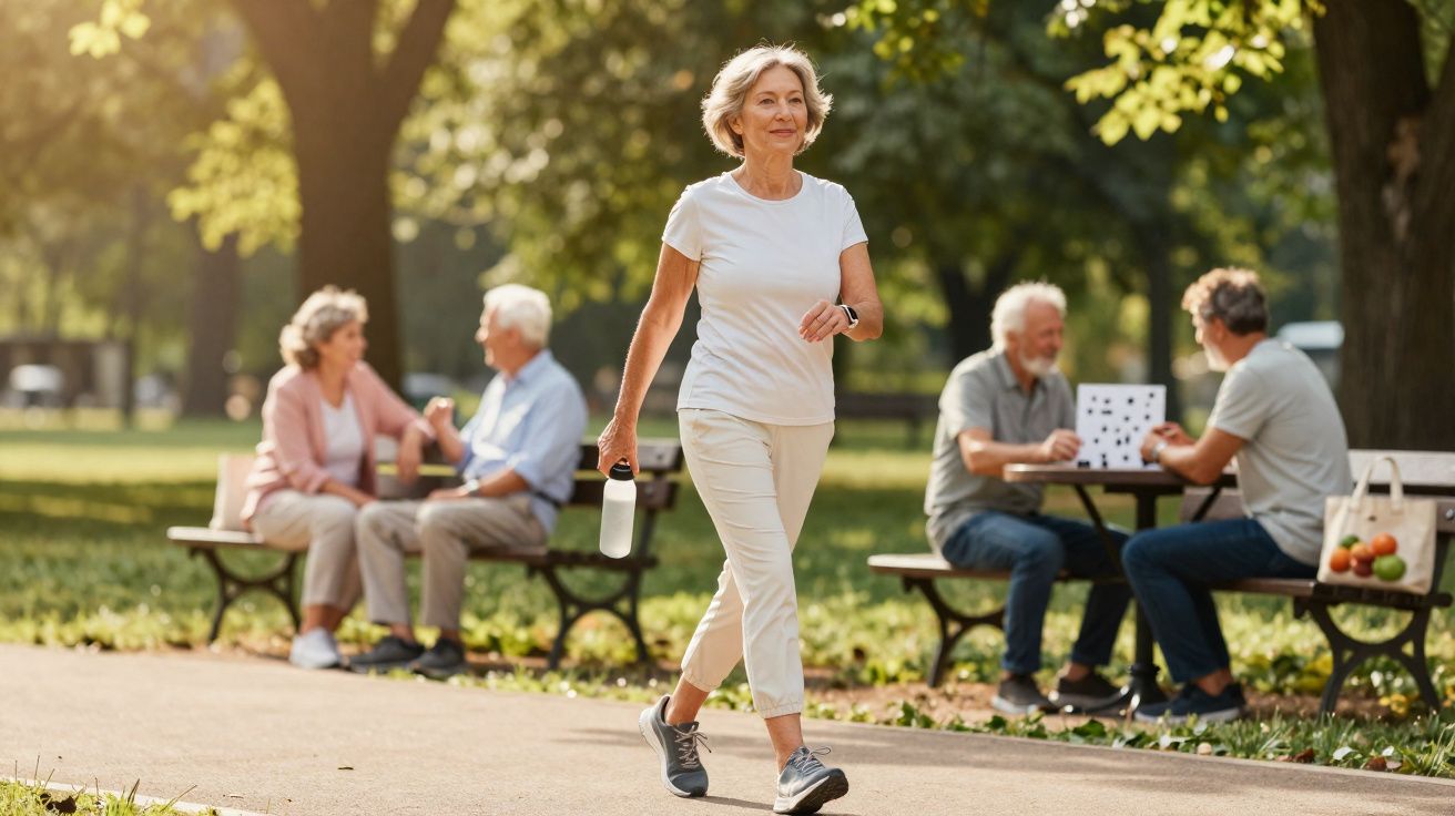 Mulher idosa caminhando em parque com garrafa d'água, casal conversando e dois homens jogando xadrez ao fundo.