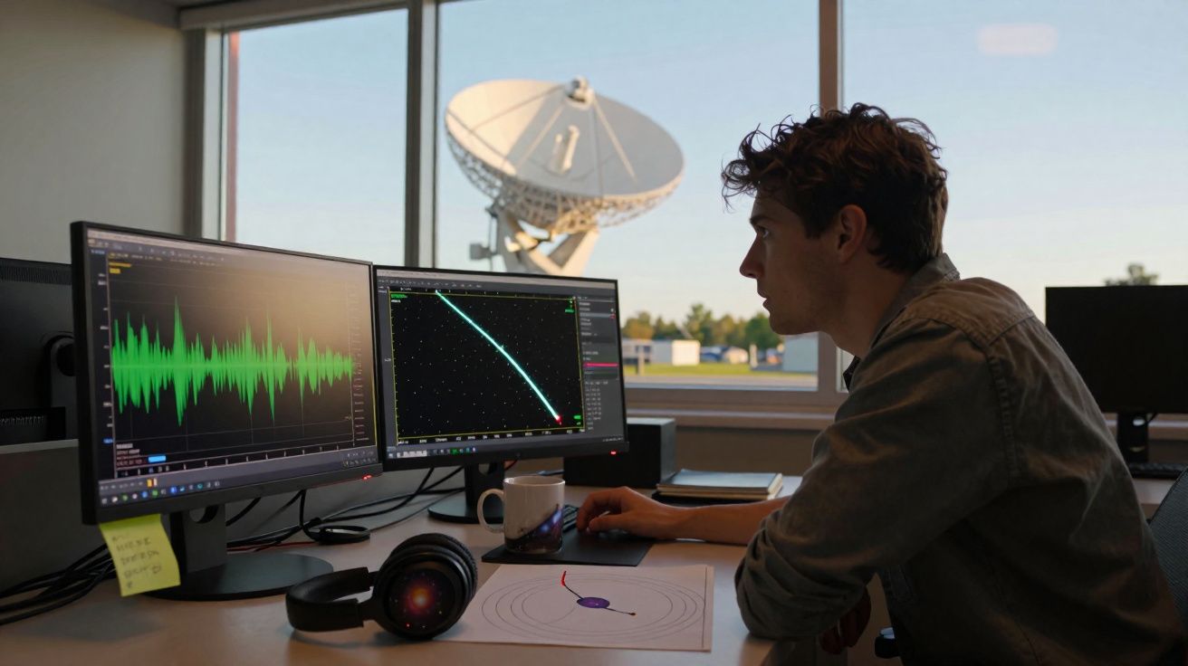 Homem analisando dados em dois monitores com antena parabólica grande ao fundo, em ambiente de trabalho.