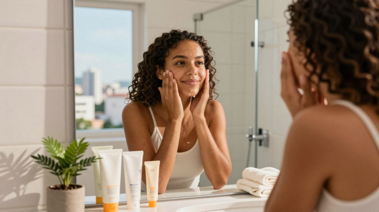 Mulher sorrindo aplica creme no rosto em frente ao espelho no banheiro com produtos ao lado.