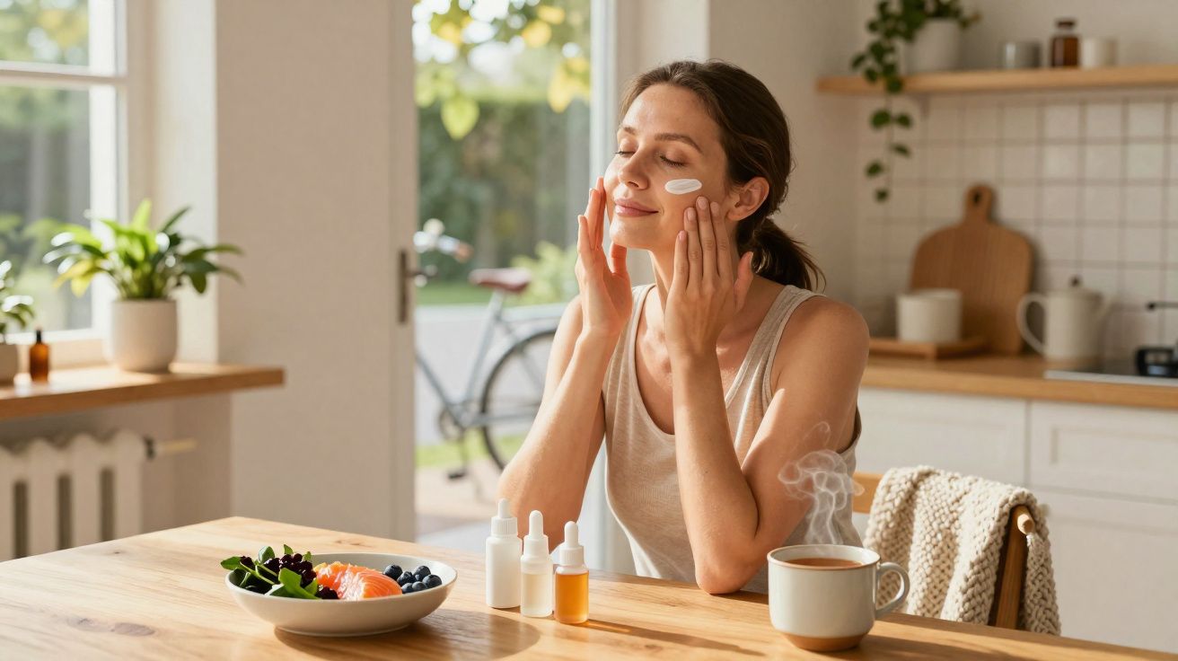 Mulher aplicando creme facial sentada à mesa com chá quente e frutas em uma cozinha iluminada natural.