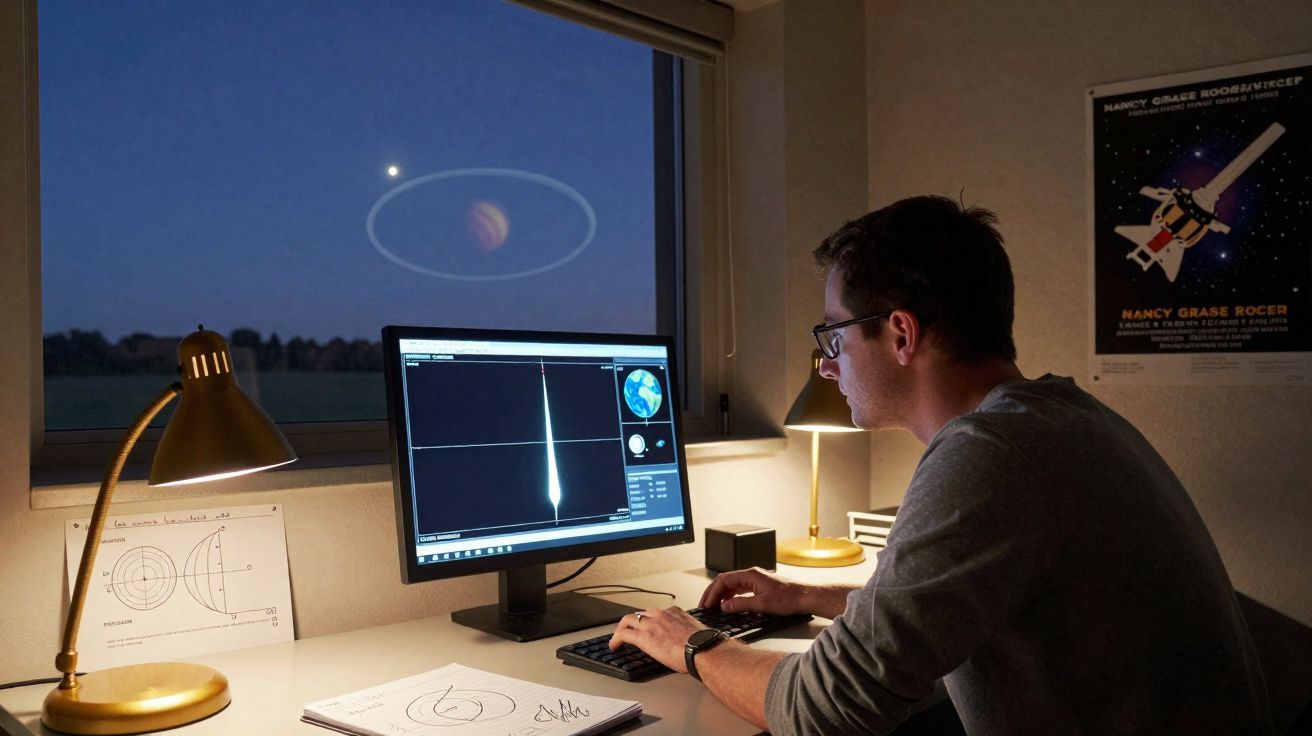 Homem analisando dados astronômicos no computador em escritório com janela mostrando planeta e lua no céu noturno.