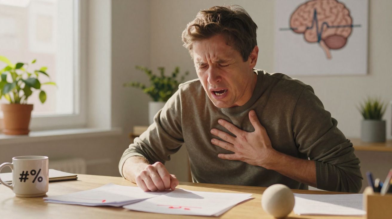 Homem sentado à mesa com expressão de dor, segurando o peito esquerdo, indicando desconforto cardíaco.