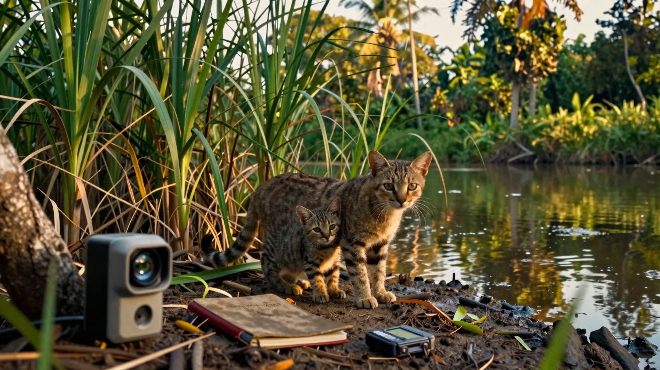 Dois gatos em ambiente natural próximo a um lago com equipamentos eletrônicos e um caderno no chão.