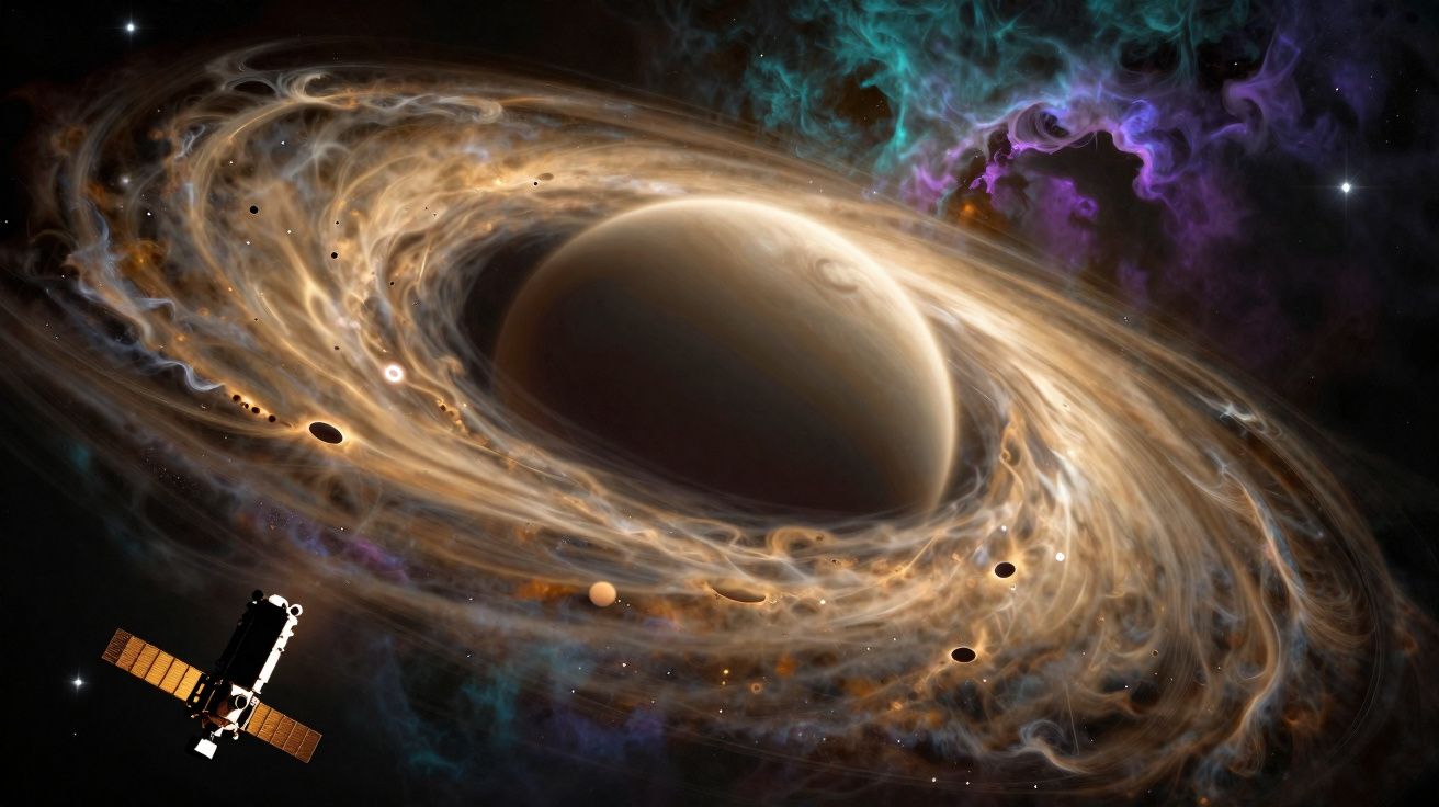 Planeta gigante cercado por anéis de poeira e gás com uma pequena nave espacial próxima no espaço.