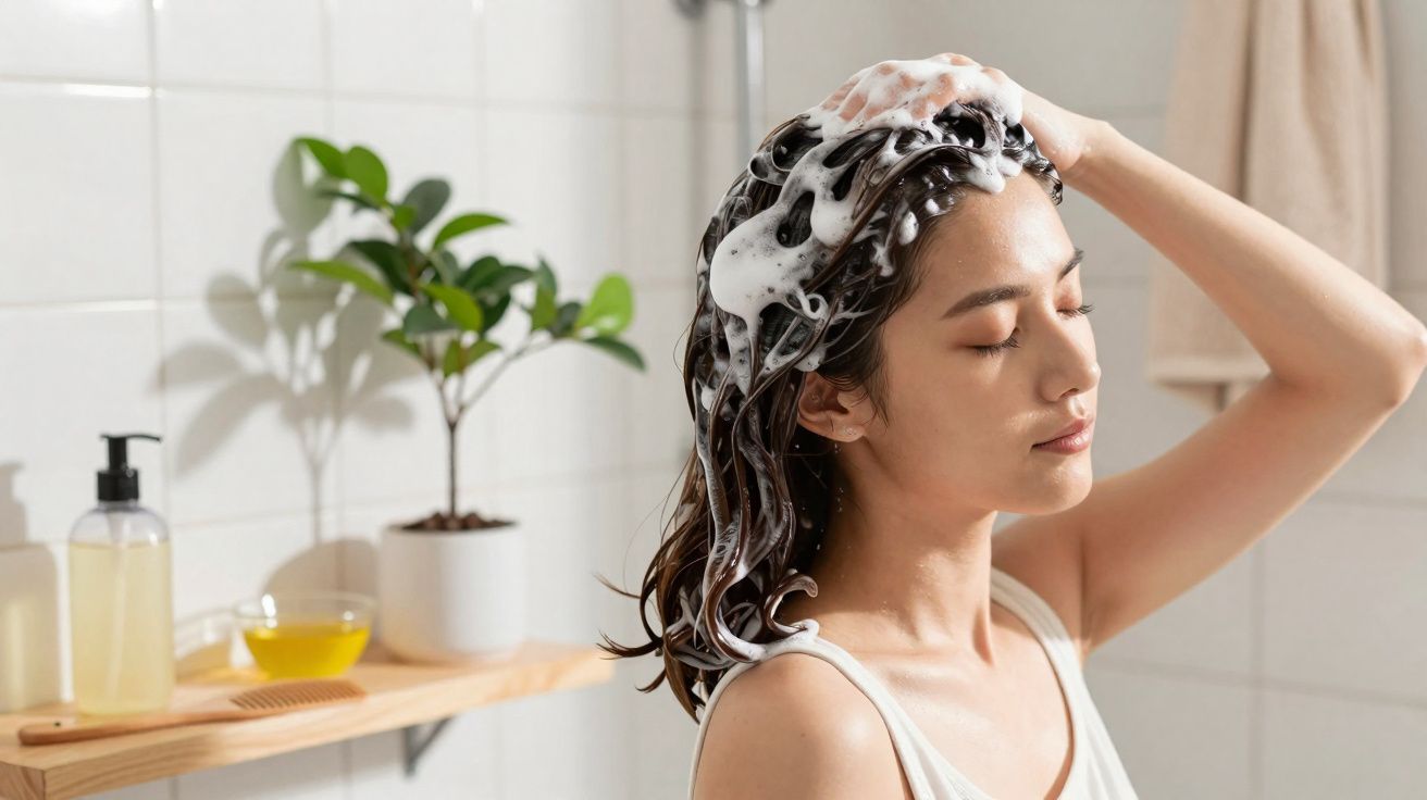 Mulher lavando o cabelo com shampoo e espuma dentro do banheiro iluminado.