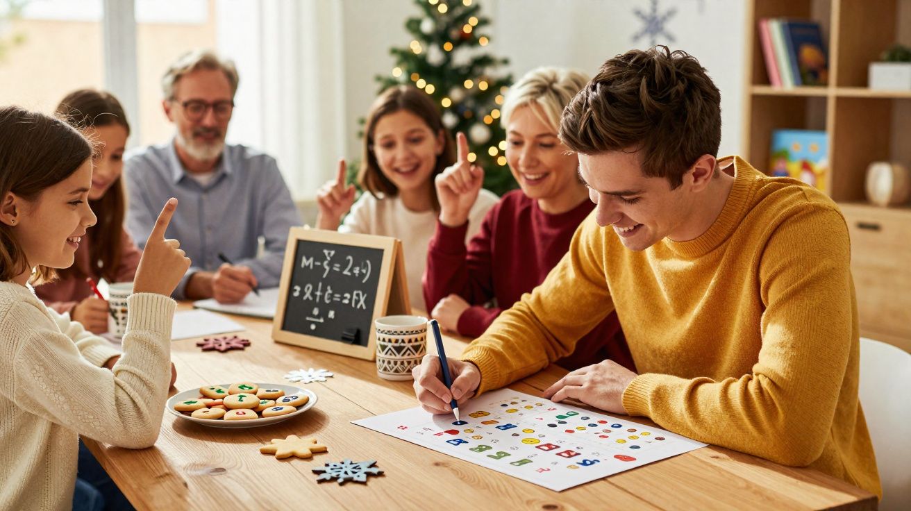 Família reunida em volta da mesa jogando e aprendendo matemática com decoração natalina ao fundo.