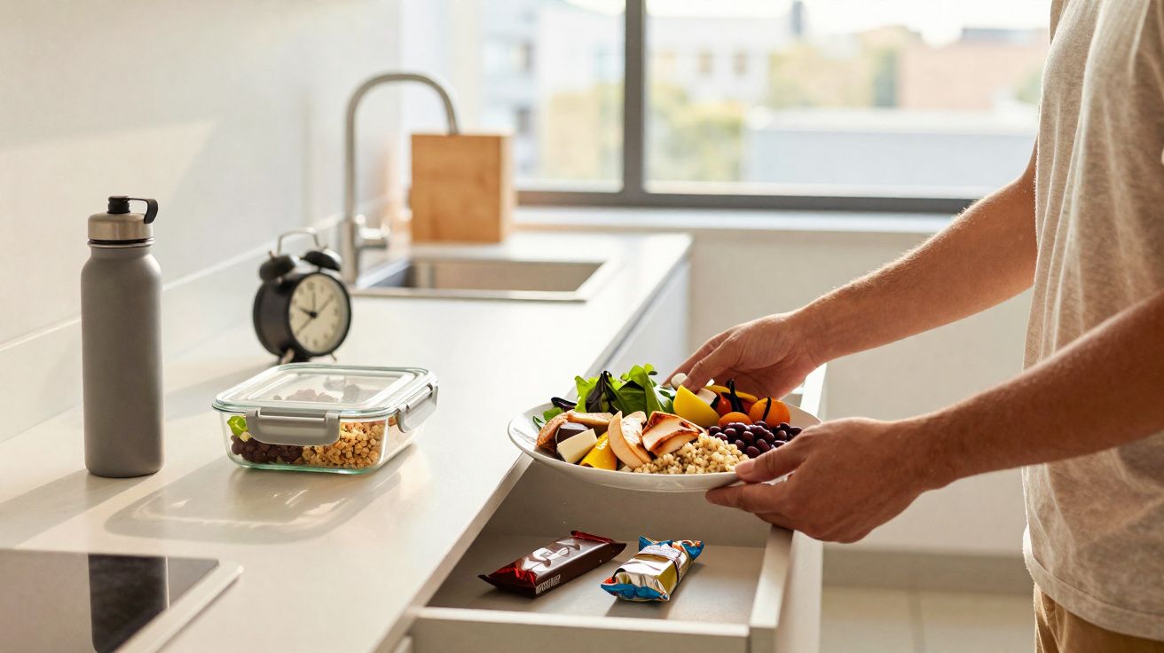 Pessoa guardando prato com comida saudável em gaveta de cozinha branca iluminada por luz natural.