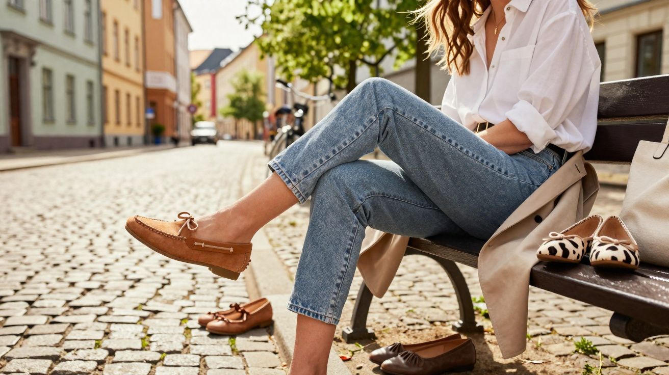 Mulher sentada em banco na rua usando jeans e mocassim marrom, com outros sapatos ao redor.