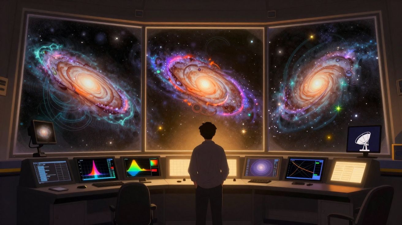 Pessoa observando três galáxias coloridas em uma grande janela de laboratório futurista com telas e equipamentos.