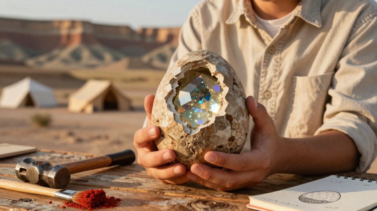 Pessoa segurando um grande ovo com cristal brilhante dentro, sobre mesa com ferramentas e desenhos.