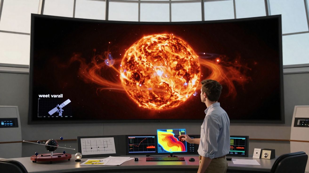 Homem em sala de controle observa tela grande com imagem detalhada do sol e gráficos científicos.