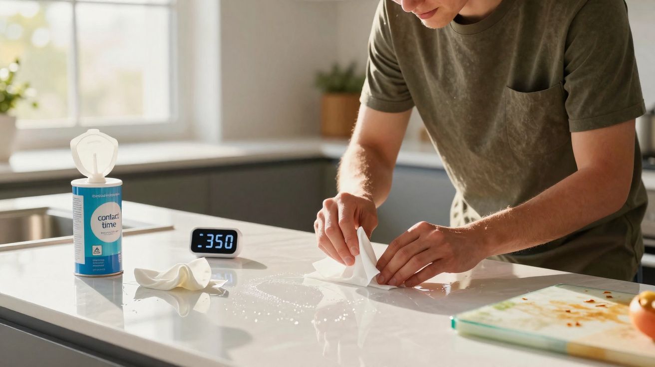 Pessoa limpando mesa branca com lenço umedecido na cozinha iluminada pela luz do dia.