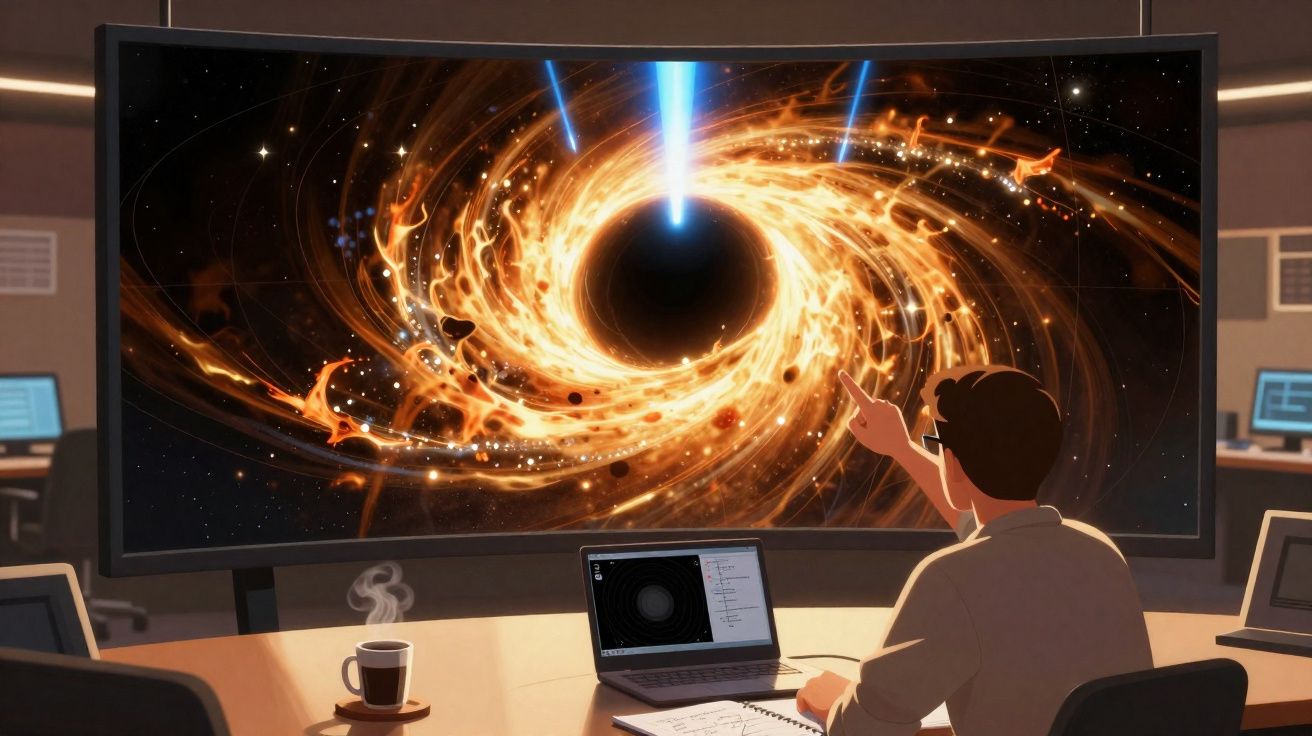Pessoa aponta para tela curva exibindo buraco negro com raios e luzes em ambiente de escritório moderno.