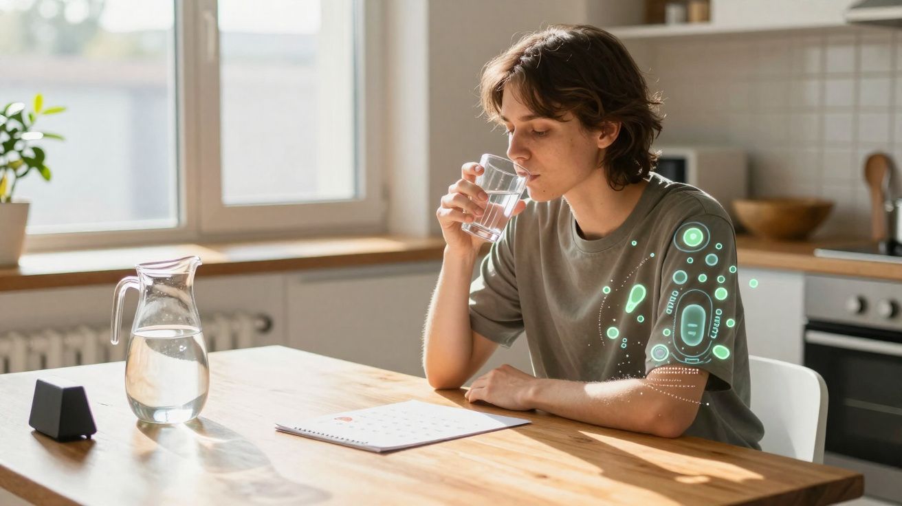Jovem bebendo água sentada à mesa com jarra e calendário, com elementos gráficos digitais ao redor do braço.