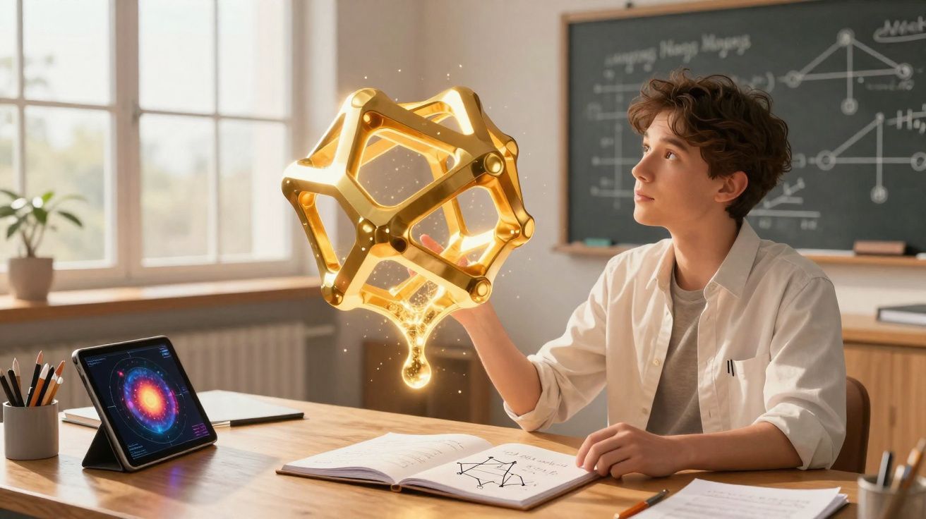 Garoto estudando geometria com forma geométrica dourada flutuante e tablet na mesa iluminada pela luz natural.