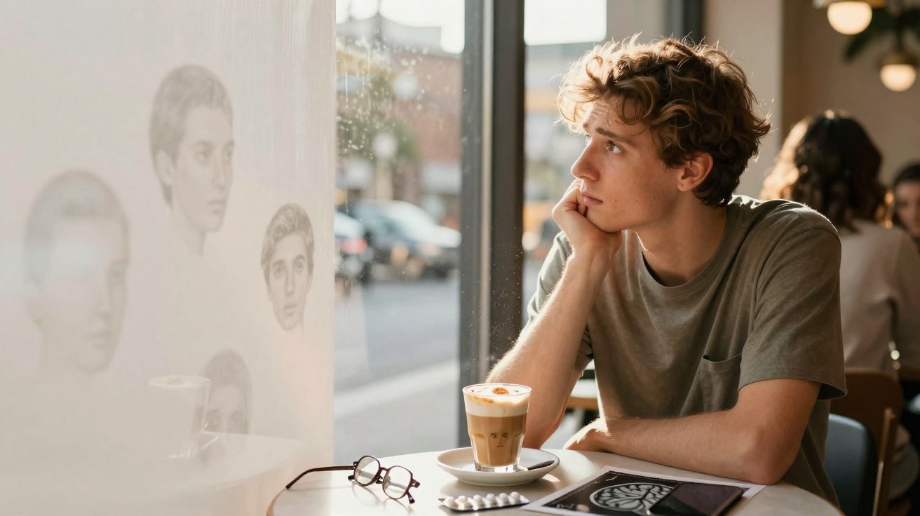 Jovem sentado em cafeteria olhando pela janela, com café, remédios e óculos sobre a mesa.