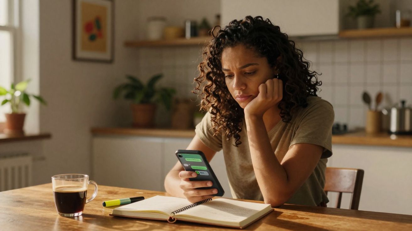 Mulher sentada na cozinha olhando preocupada para o celular, com caderno aberto e xícara de café na mesa.
