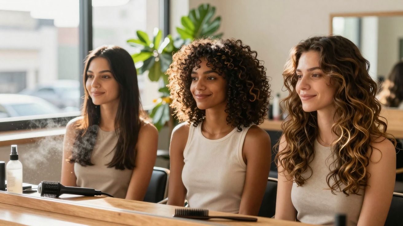 Três mulheres sorrindo sentadas lado a lado em um salão de beleza com cabelos arrumados.