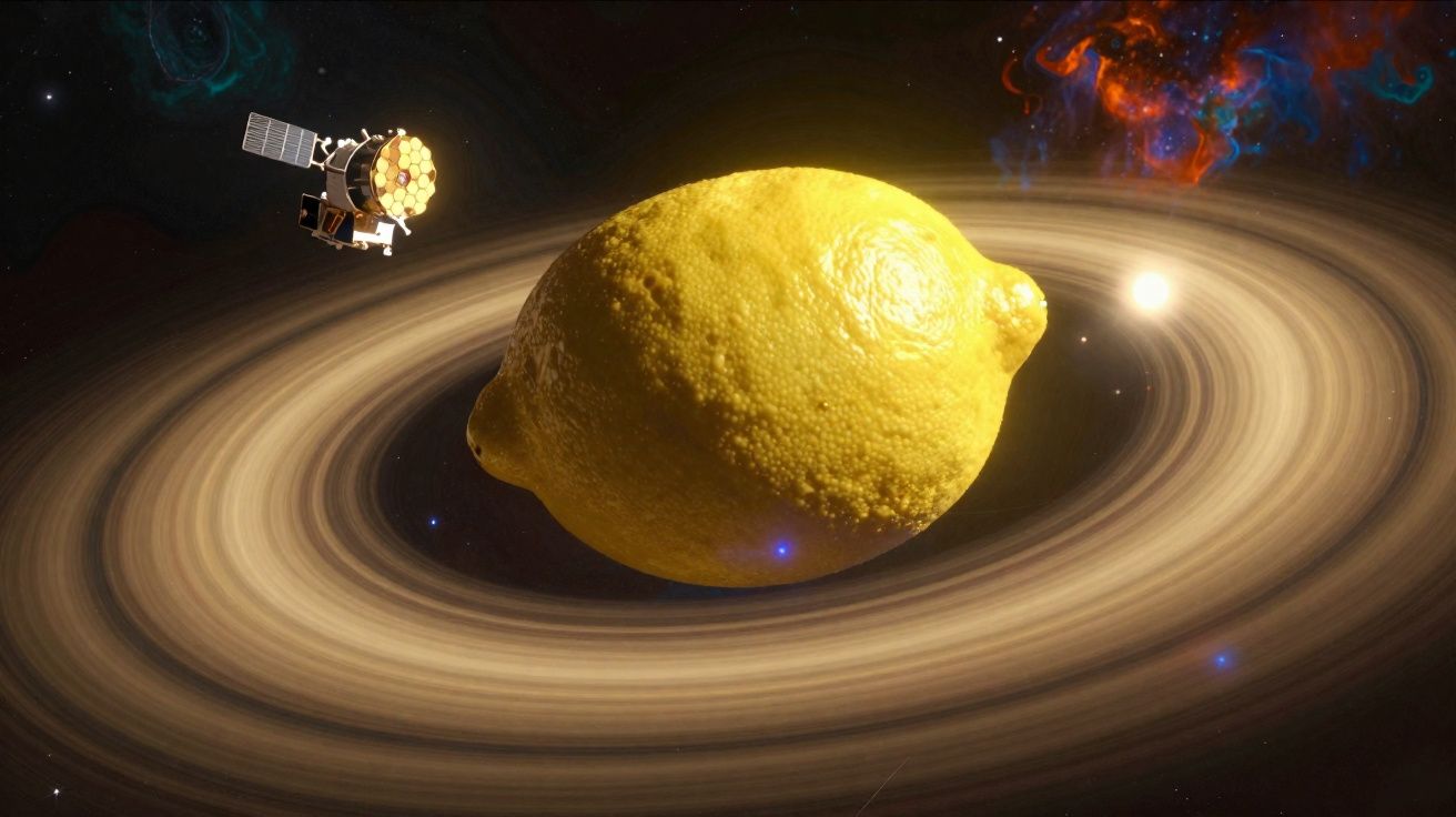 Ilustração de um planeta em formato de limão com anéis orbitais e uma nave espacial próxima, no espaço sideral.