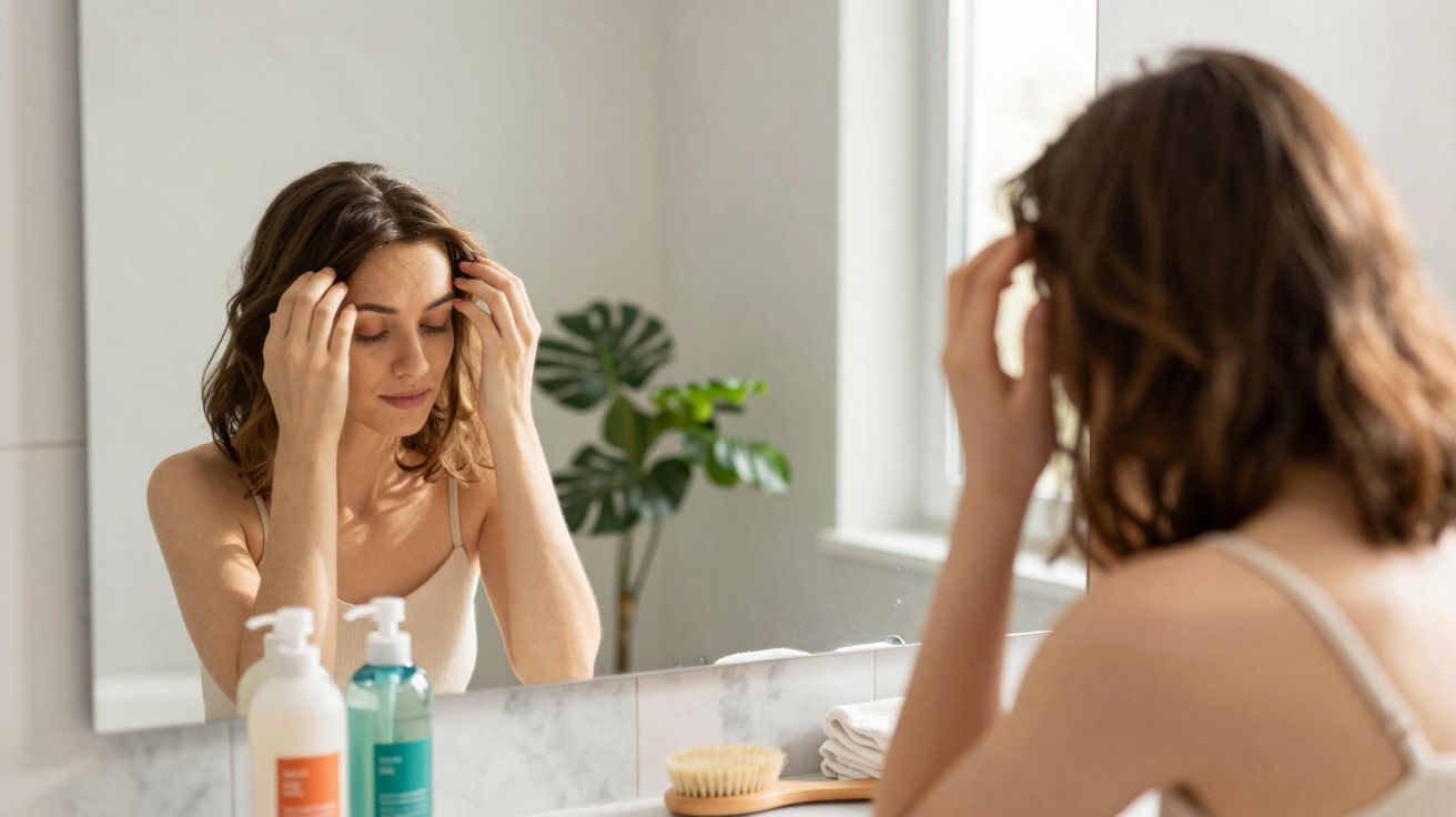 Mulher olhando para o espelho em banheiro, tocando o rosto, com produtos de cuidado e toalhas ao lado.