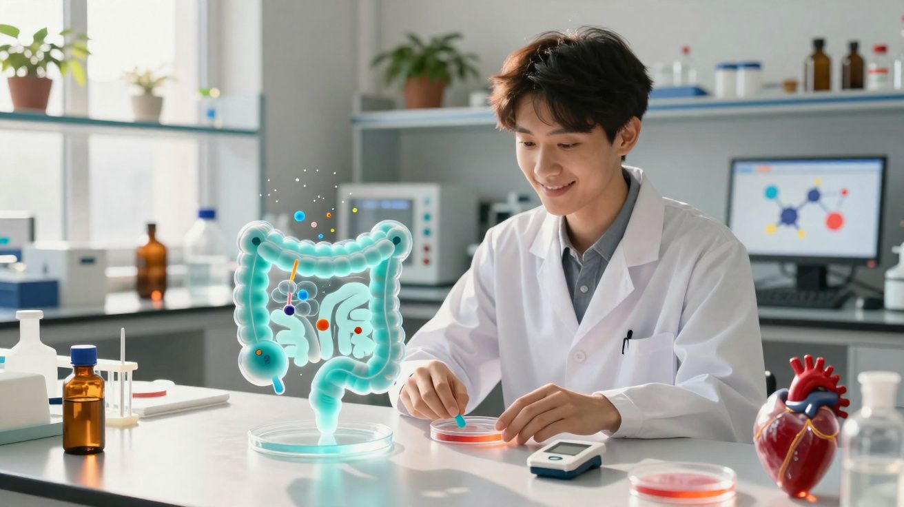 Cientista em laboratório manipula amostras com holograma 3D do intestino e coração ao lado.