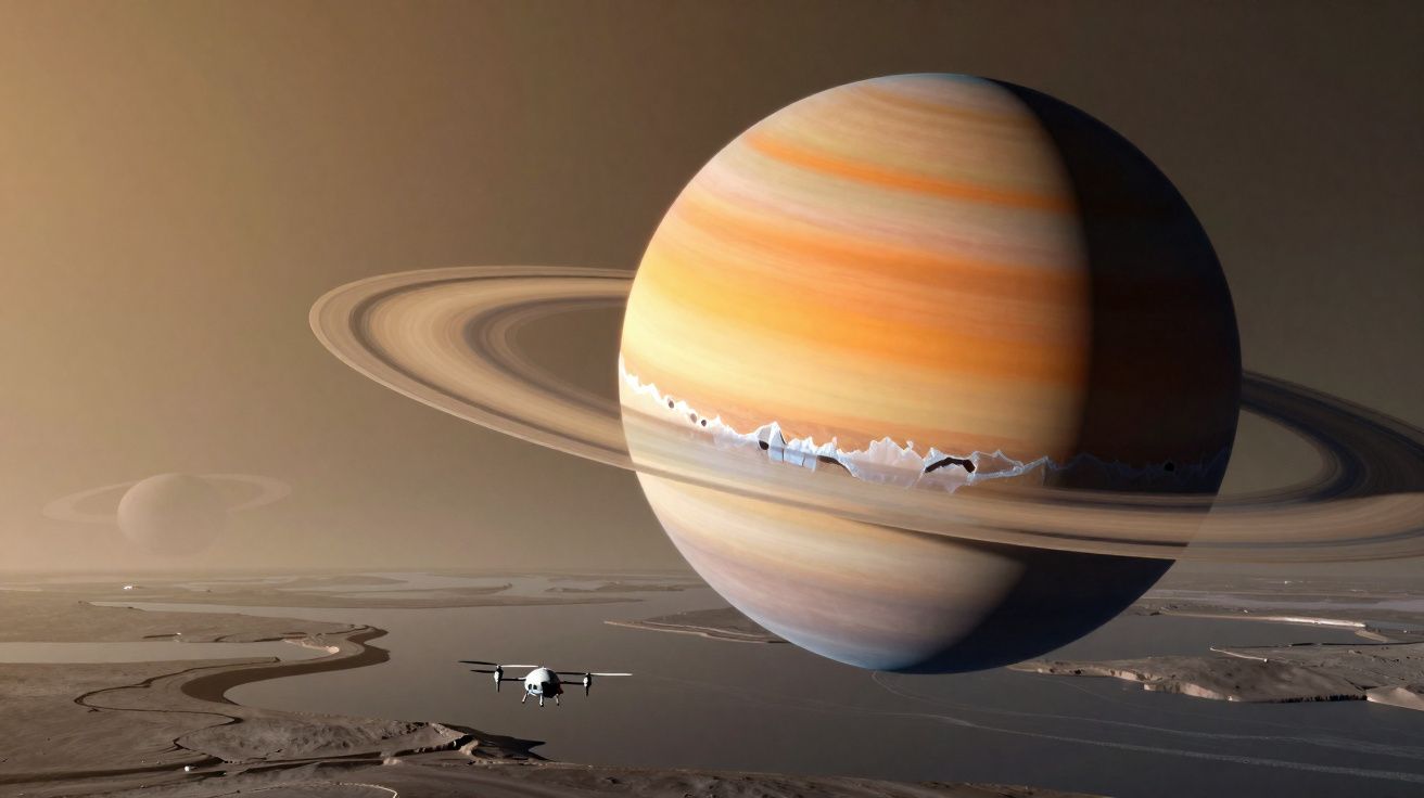 Planeta Saturno com seus anéis vastos visto de uma superfície rochosa com drone voando no céu.